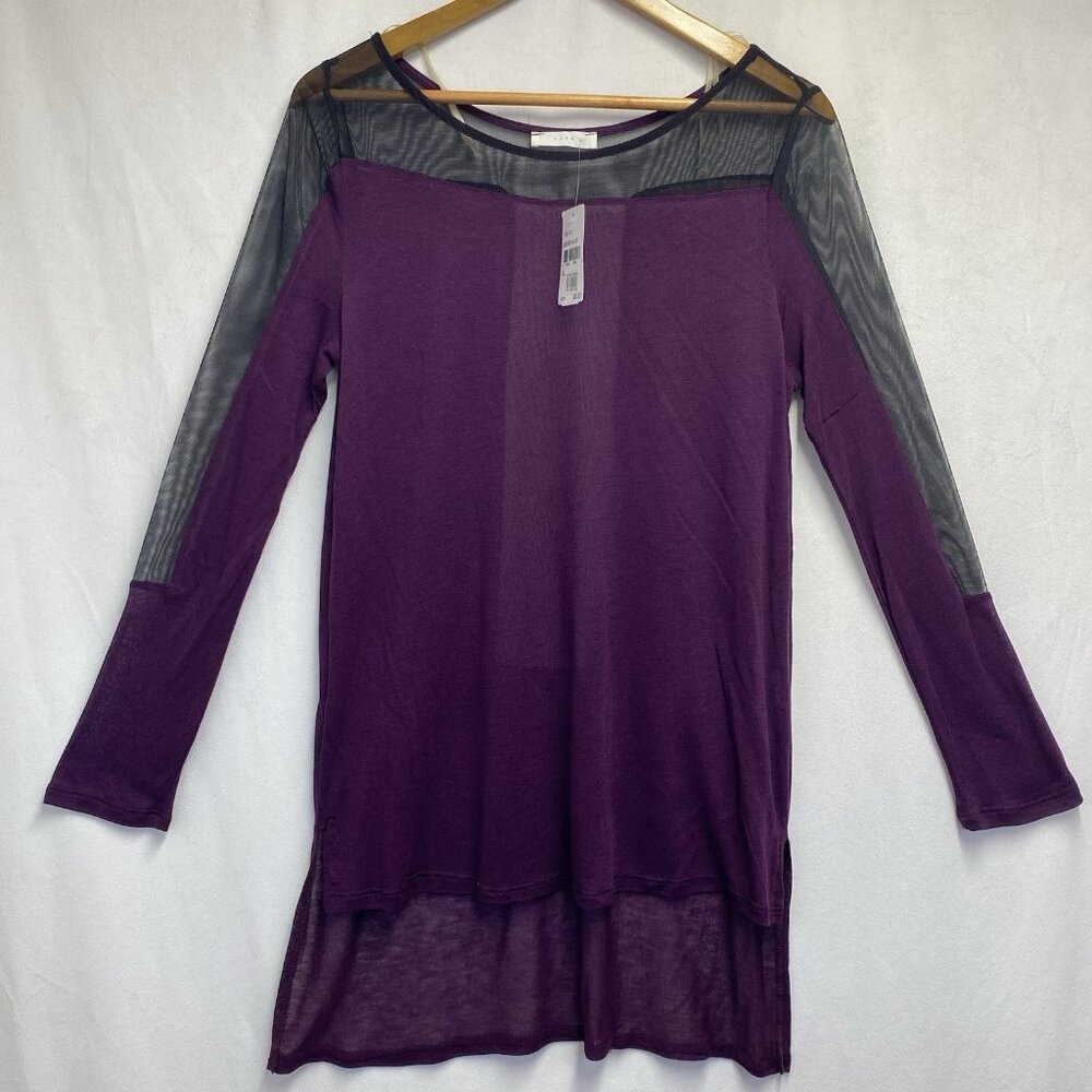 Lush Mesh Boat Neck Long Sleeve High-Low Blouse Women Large Purple-Black New